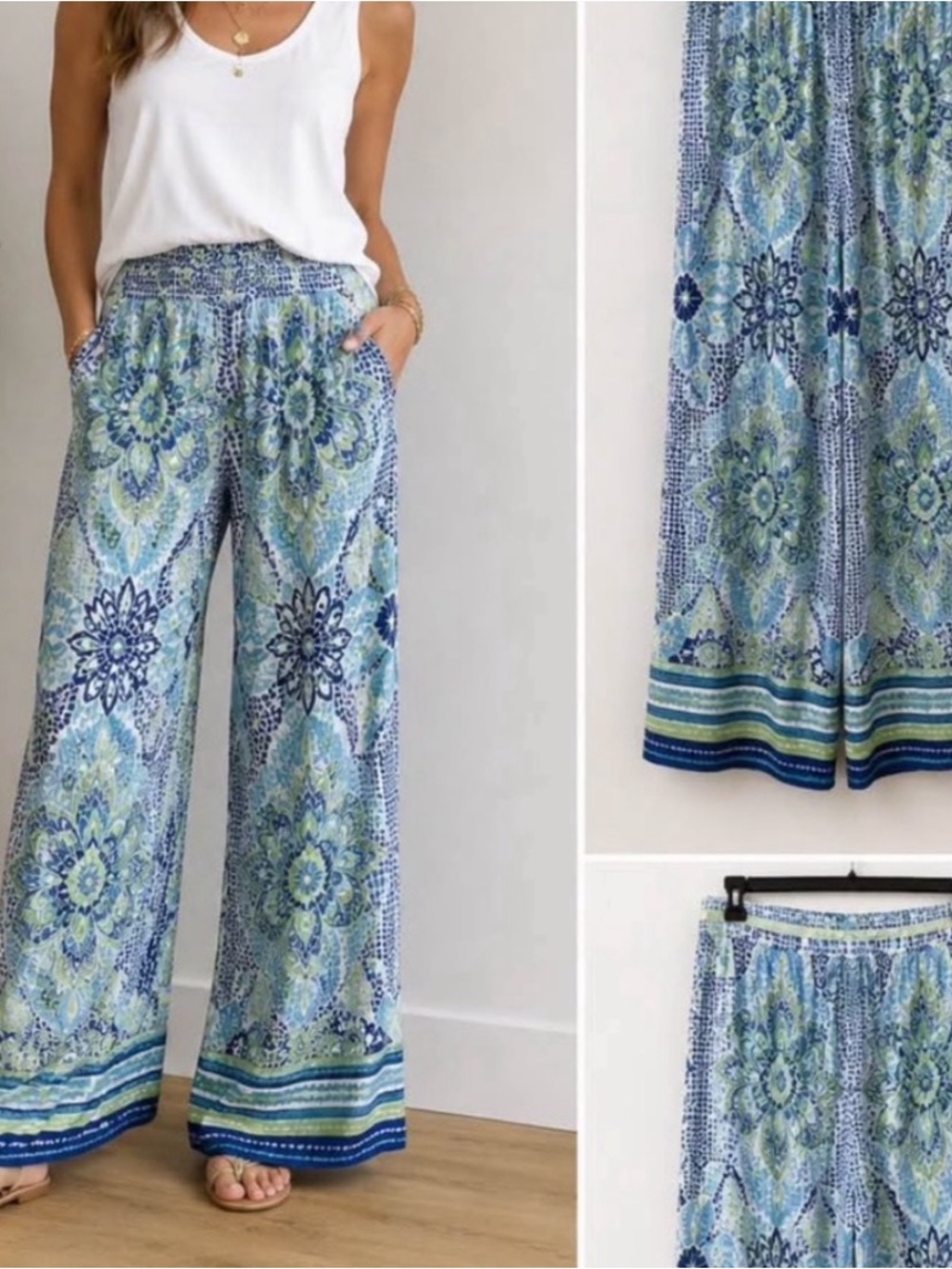 Sigrid Olsen Blue Green Mosaic Wide-Leg Pants XL